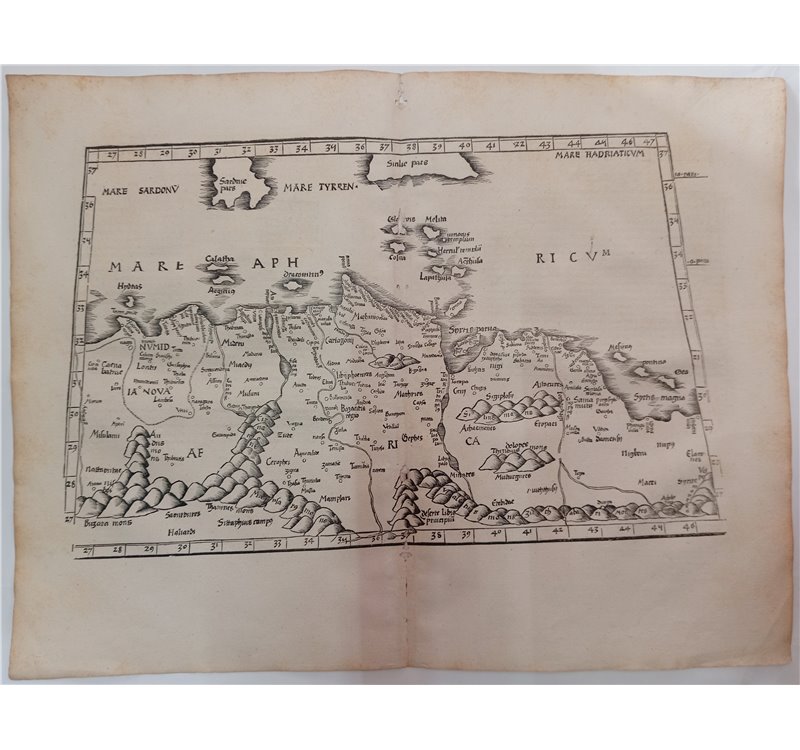 Map Mappa Nord Africa “Tabula Secunda Aphricae” edizione Tolomeo (Ptolemaic map), XVI secolo. Rappresentate le regioni s