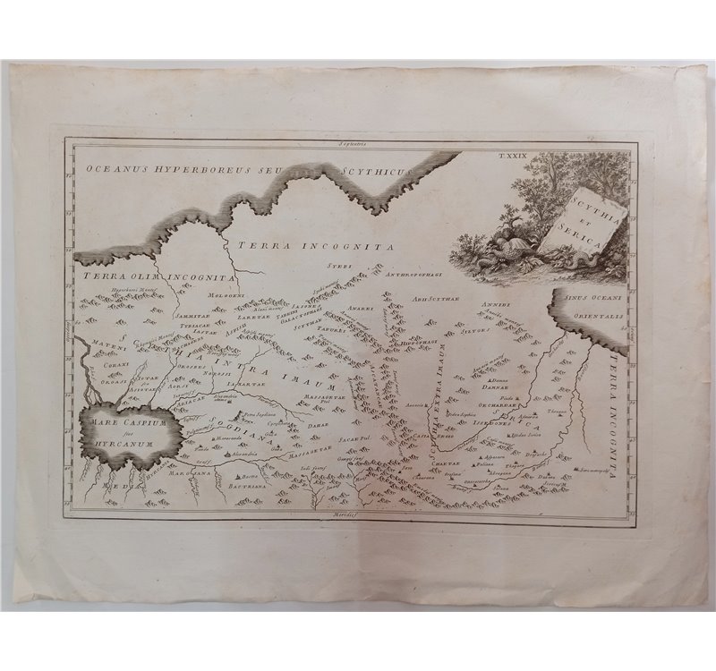 Map Mappa dell’Asia antica “Scythia et Serica” - XVIII secolo. Antica carta geografica incisa raffigurante le regioni dell’Asia 
