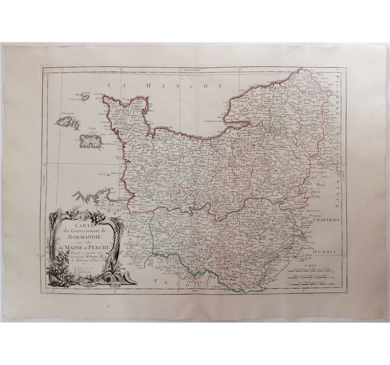 Mappa / Map “Carte du Gouvernement de Normandie avec celui du Maine et Perche” XVIII secolo cartografo Rigobert Bonne (1771), ed