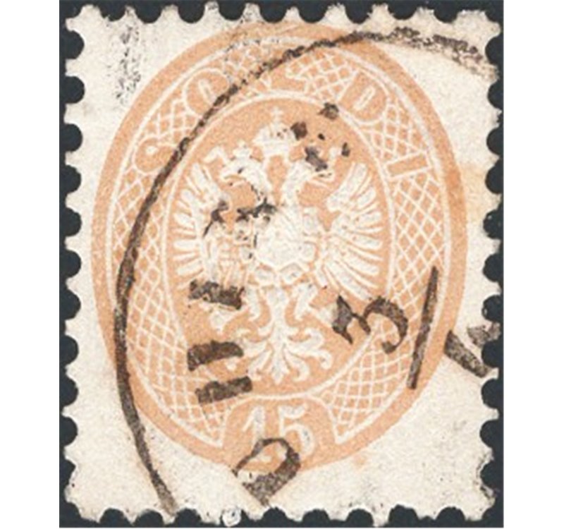Lombardo Veneto - 1864 - Stemma austro ungarico 15 c. bruno, n° 45. Firm.: Chia. Cert.: IC. Cat. € 350 (U)