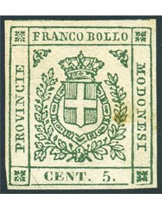 Modena - 1859 - Governo Provvisorio stemma di Savoia 5 c. verde, n° 12. Cert.: Biondi. Cat. € 2.400 (*)