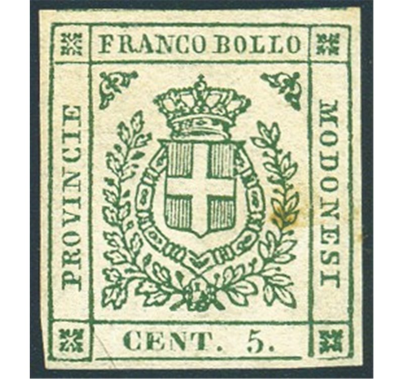 Modena - 1859 - Governo Provvisorio stemma di Savoia 5 c. verde, n° 12. Cert.: Biondi. Cat. € 2.400 (*)