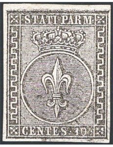 Parma - 1852 - Giglio borbonico 10 c. bianco, n° 2, riparato. Firm.: AD - Raybaudi. Timbrino Brun. Cert.: IC. Cat. € 350 (U)