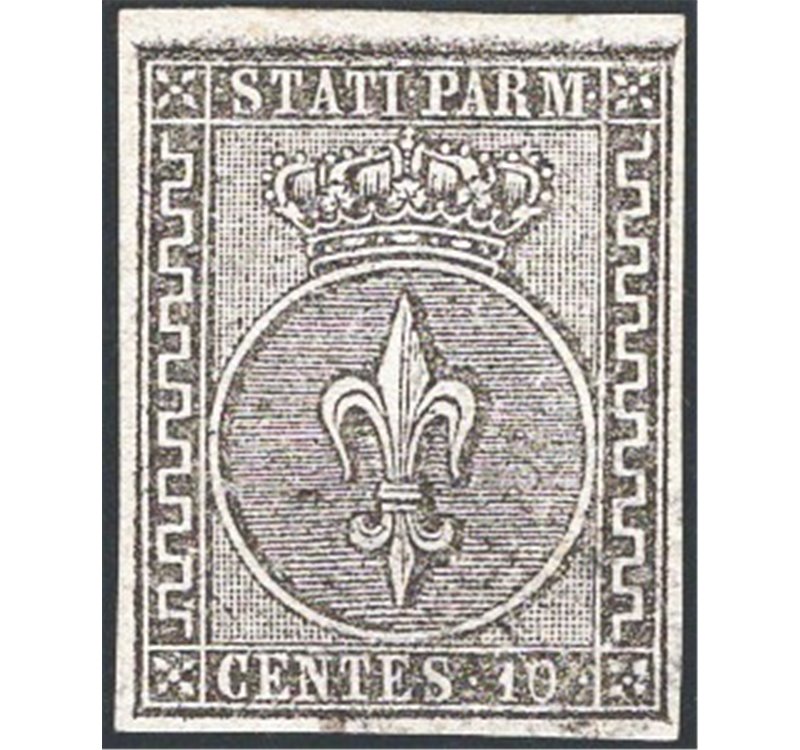 Parma - 1852 - Giglio borbonico 10 c. bianco, n° 2, riparato. Firm.: AD - Raybaudi. Timbrino Brun. Cert.: IC. Cat. € 350 (U)