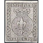 Parma - 1852 - Giglio borbonico 10 c. bianco, n° 2, riparato. Firm.: AD - Raybaudi. Timbrino Brun. Cert.: IC. Cat. € 350 (U)