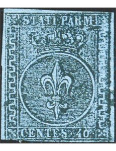 Parma - 1852 - Giglio borbonico e corona ducale 40 c. azzurro, n° 5. Cert.: Biondi. Cat. € 1.300 (U)