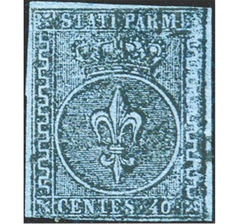 Parma - 1852 - Giglio borbonico e corona ducale 40 c. azzurro, n° 5. Cert.: Biondi. Cat. € 1.300 (U)