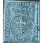 Parma - 1852 - Giglio borbonico e corona ducale 40 c. azzurro, n° 5. Cert.: Biondi. Cat. € 1.300 (U)