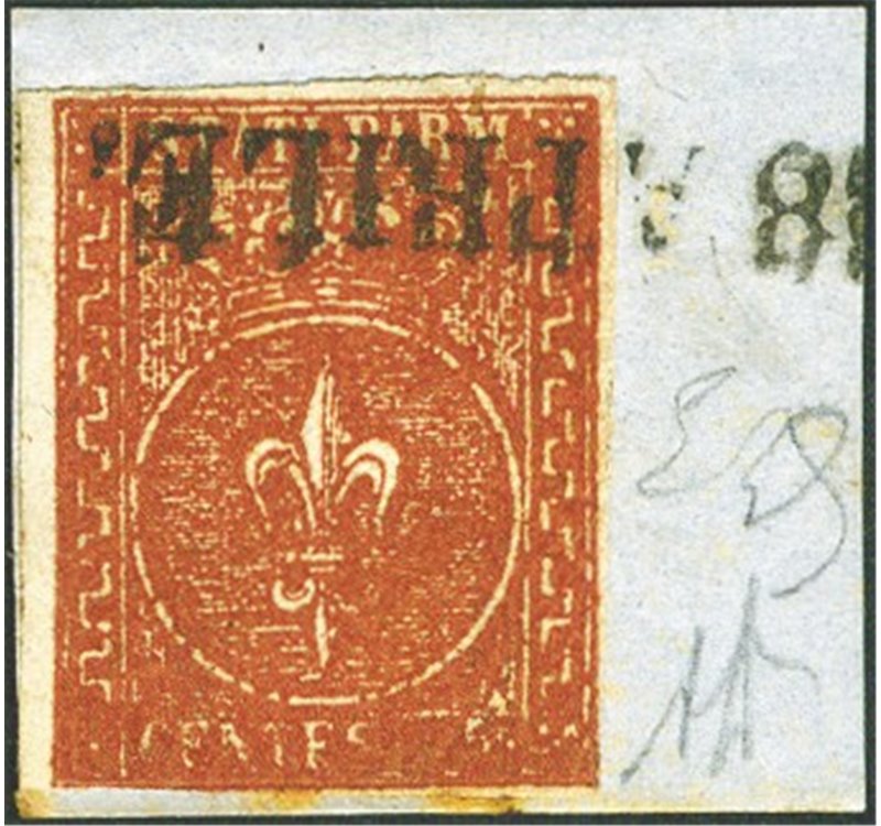 Parma - 1853/55 - Giglio borbonico 25 c. bruno rosso su frammento, n° 8. Firm.: AD - Em. Diena. Cert.: IC. Cert.: Biondi. Cat. €