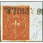Parma - 1853/55 - Giglio borbonico 25 c. bruno rosso su frammento, n° 8. Firm.: AD - Em. Diena. Cert.: IC. Cert.: Biondi. Cat. €