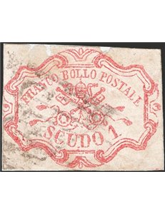 Pontificio - 1852 - Stemma 1 scudo rosa carminio con buoni margini ma riparato come da certificato, n° 11. Cert.: Chia. Cat. € 7