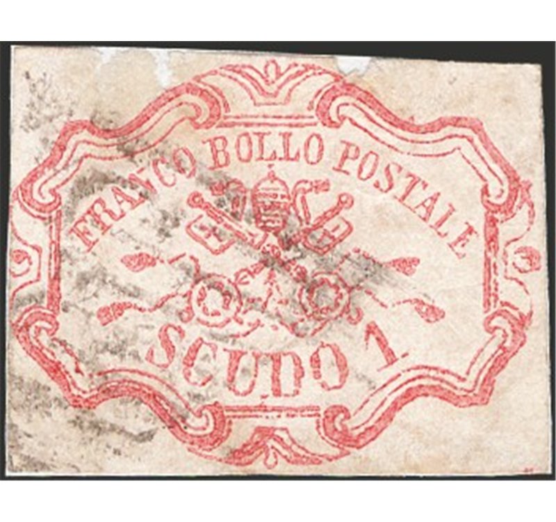 Pontificio - 1852 - Stemma 1 scudo rosa carminio con buoni margini ma riparato come da certificato, n° 11. Cert.: Chia. Cat. € 7