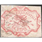 Pontificio - 1852 - Stemma 1 scudo rosa carminio con buoni margini ma riparato come da certificato, n° 11. Cert.: Chia. Cat. € 7