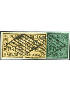 Romagne - 1859 - Frammento di lettera con coppia orizzontale del ½ baj. giallo paglia e 3 baj. verde scuro, annullati con grigli