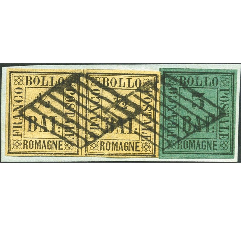 Romagne - 1859 - Frammento di lettera con coppia orizzontale del ½ baj. giallo paglia e 3 baj. verde scuro, annullati con grigli