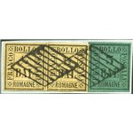 Romagne - 1859 - Frammento di lettera con coppia orizzontale del ½ baj. giallo paglia e 3 baj. verde scuro, annullati con grigli