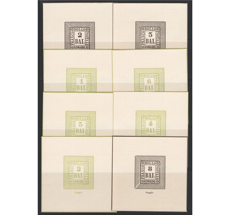 Romagne - 1859 - Insieme di 8 saggi dei bozzetti in verde o nero, di formato più grande dei francobolli, non catalogati (**)