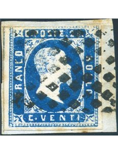 Sardegna - 1851 - Vittorio Emanuele 20 c. azzurro, stampa litografica, n° 2 su frammento. Cert.: IC. Cert.: Biondi. Cat. € 725 (