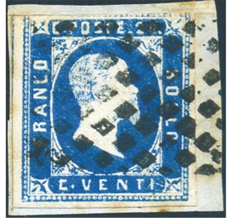 Sardegna - 1851 - Vittorio Emanuele 20 c. azzurro, stampa litografica, n° 2 su frammento. Cert.: IC. Cert.: Biondi. Cat. € 725 (