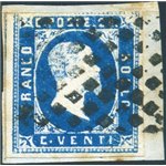 Sardegna - 1851 - Vittorio Emanuele 20 c. azzurro, stampa litografica, n° 2 su frammento. Cert.: IC. Cert.: Biondi. Cat. € 725 (
