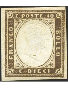 Sardegna - 1858 - Vittorio Emanuele 10 c. terra d'ombra, n° 14. Cert.: Ferrario. Cat. € 1.750 (*)