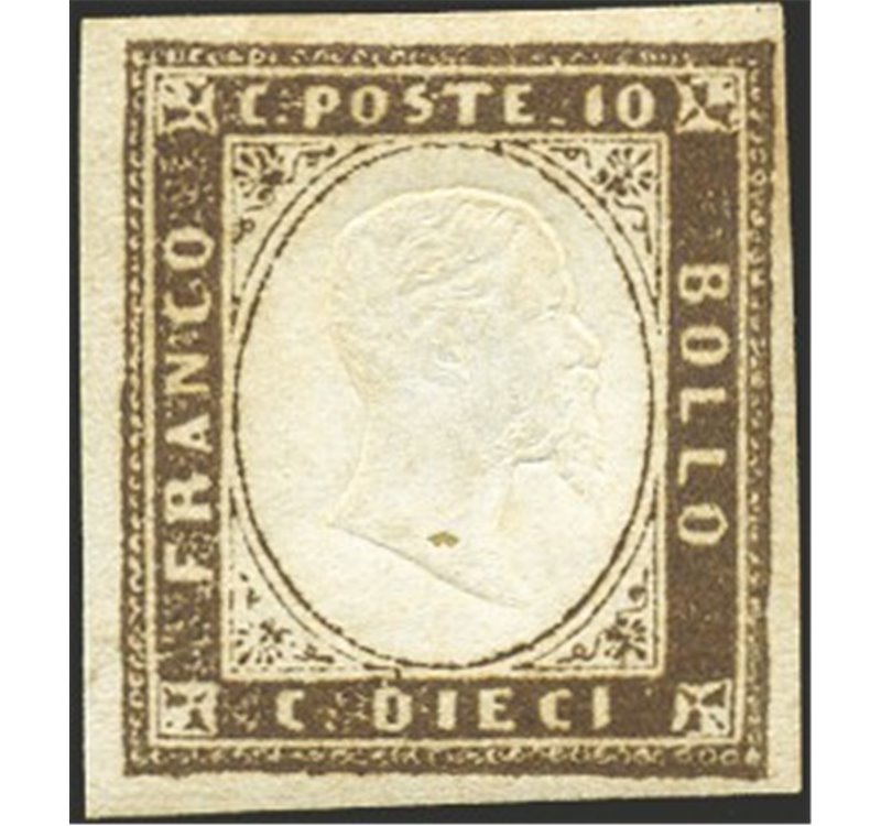 Sardegna - 1858 - Vittorio Emanuele 10 c. terra d'ombra, n° 14. Cert.: Ferrario. Cat. € 1.750 (*)