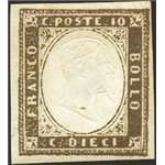 Sardegna - 1858 - Vittorio Emanuele 10 c. terra d'ombra, n° 14. Cert.: Ferrario. Cat. € 1.750 (*)