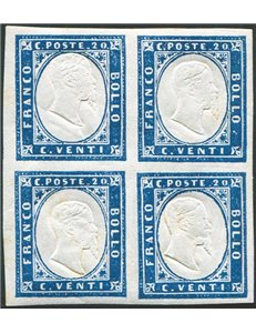 Sardegna - 1855 - Vittorio Emanuele 20 c. azzurro in quartina, tinta del 1860, Sass. Spec. n° 15Ca, molto bella e fresca. Cert.: