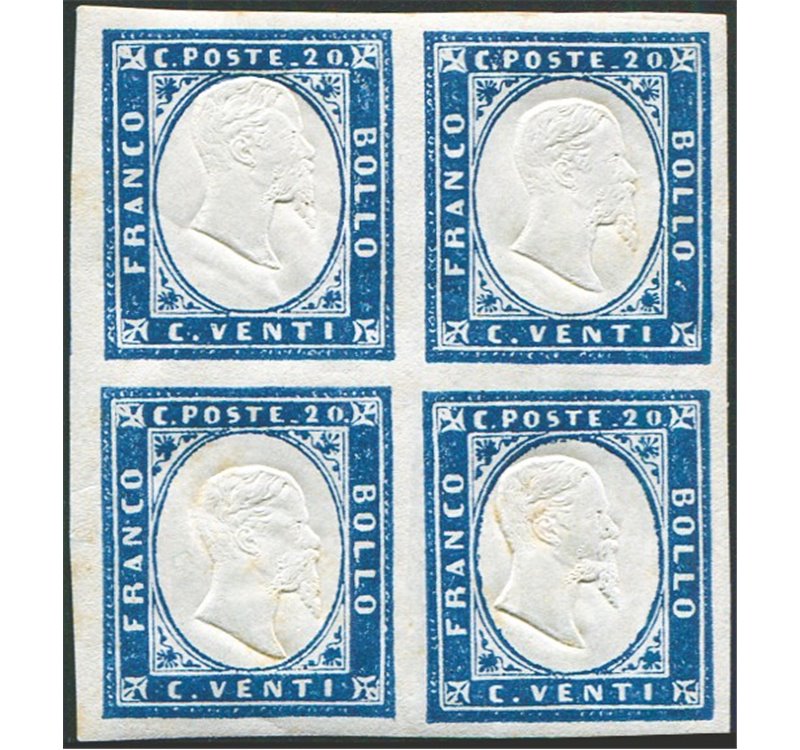 Sardegna - 1855 - Vittorio Emanuele 20 c. azzurro in quartina, tinta del 1860, Sass. Spec. n° 15Ca, molto bella e fresca. Cert.: