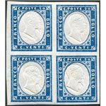 Sardegna - 1855 - Vittorio Emanuele 20 c. azzurro in quartina, tinta del 1860, Sass. Spec. n° 15Ca, molto bella e fresca. Cert.:
