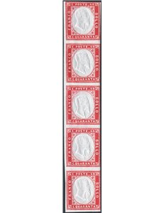 Sardegna - 1862 - Vittorio Emanuele 40 c. rosa carminio IV in striscia verticale di 5, buono stato, n° 16E. Cert.: IC. Cert.: SP