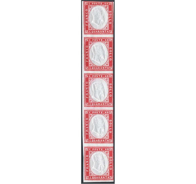Sardegna - 1862 - Vittorio Emanuele 40 c. rosa carminio IV in striscia verticale di 5, buono stato, n° 16E. Cert.: IC. Cert.: SP