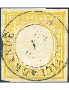 Sardegna - 1863 - Vittorio Emanuele 80 c. giallo arancio con annullo D.C. di Villagrande (R1), n° 17D. Firm.: AD - Em. Diena. Ce