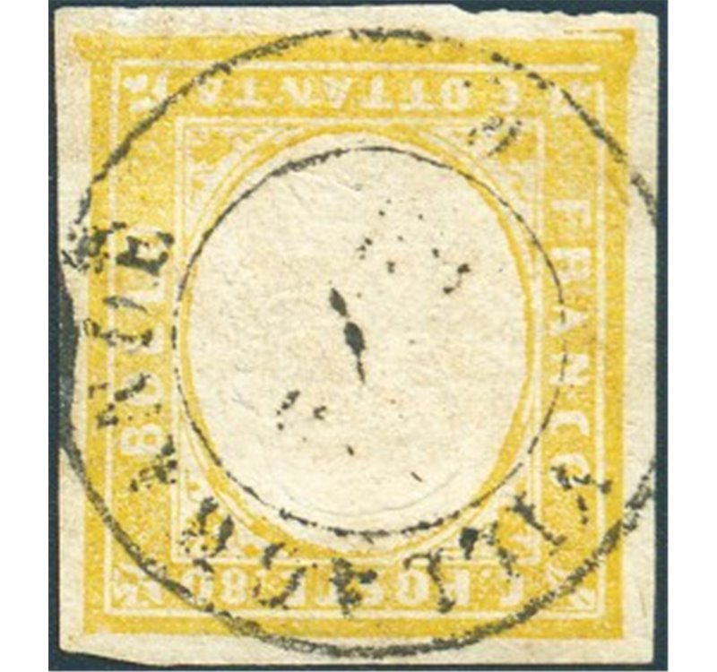 Sardegna - 1863 - Vittorio Emanuele 80 c. giallo arancio con annullo D.C. di Villagrande (R1), n° 17D. Firm.: AD - Em. Diena. Ce