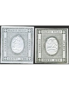 Sardegna - 1861 - Francobolli per stampati, cifra in rilievo, n° 19/20. Cert.: Biondi. Cat. € 1.130 (**)