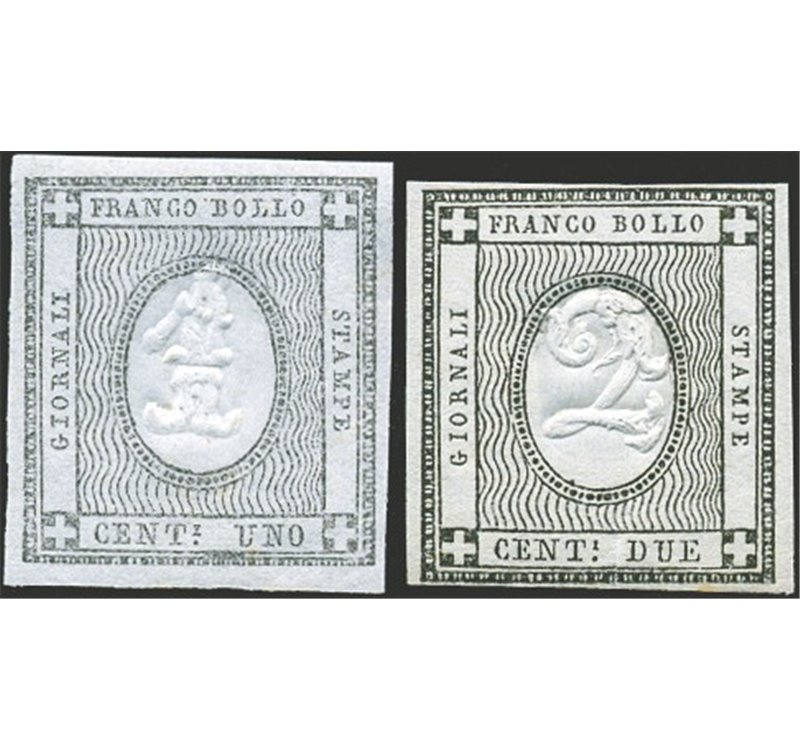 Sardegna - 1861 - Francobolli per stampati, cifra in rilievo, n° 19/20. Cert.: Biondi. Cat. € 1.130 (**)