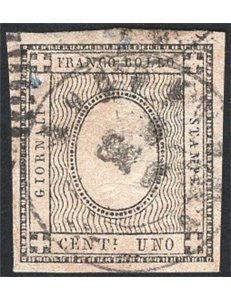 Sardegna - 1861 - Francobolli per stampati 1 c. grigio nero con cifra “2” in rilievo, n° 19l. Cert.: Apicella. Cat. € 6.000 (U)