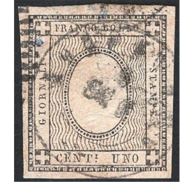 Sardegna - 1861 - Francobolli per stampati 1 c. grigio nero con cifra “2” in rilievo, n° 19l. Cert.: Apicella. Cat. € 6.000 (U)