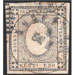 Sardegna - 1861 - Francobolli per stampati 1 c. grigio nero con cifra “2” in rilievo, n° 19l. Cert.: Apicella. Cat. € 6.000 (U)