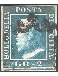 Sicilia - 1859 - 2 gr. cobalto scuro, n° 6c. Cert.: IC. Cat. € 900 (U)