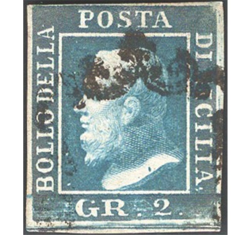 Sicilia - 1859 - 2 gr. cobalto scuro, n° 6c. Cert.: IC. Cat. € 900 (U)