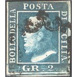 Sicilia - 1859 - 2 gr. cobalto scuro, n° 6c. Cert.: IC. Cat. € 900 (U)