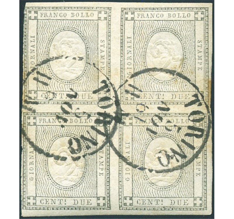 Sardegna - 1861- Francobolli per stampati, cifra in rilievo 2 c. in quartina annullata a Torino il 5/11/1861, n° 20. Cert.: Bion