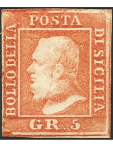 Sicilia - 1859 - Ferdinando II 5 gr. rosa carminio 1° tavola, n° 9. Firm.: Chia. Cert.: IC. Cert.: Biondi. Cat. € 3.000 (*)