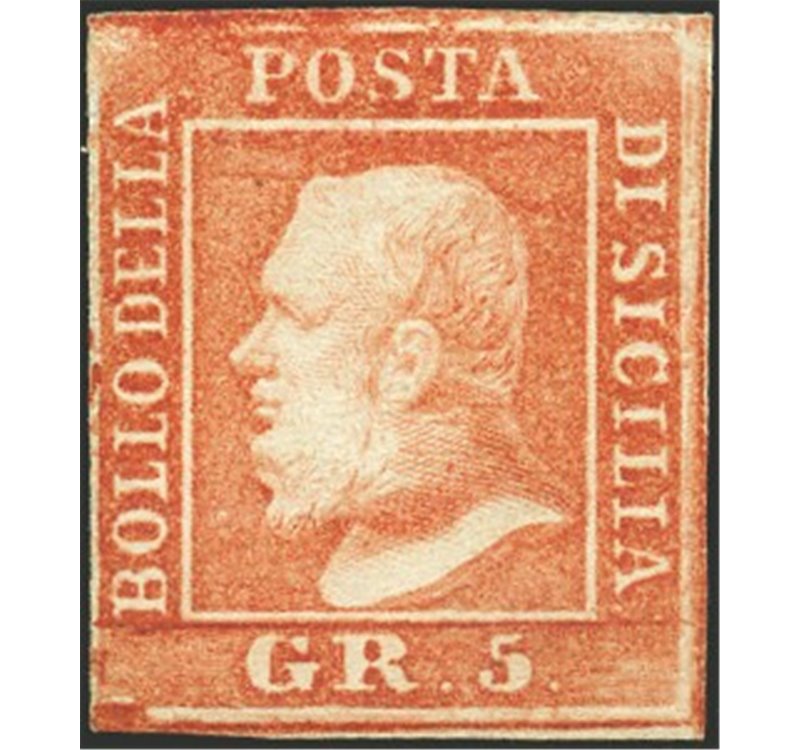 Sicilia - 1859 - Ferdinando II 5 gr. rosa carminio 1° tavola, n° 9. Firm.: Chia. Cert.: IC. Cert.: Biondi. Cat. € 3.000 (*)