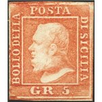 Sicilia - 1859 - Ferdinando II 5 gr. rosa carminio 1° tavola, n° 9. Firm.: Chia. Cert.: IC. Cert.: Biondi. Cat. € 3.000 (*)