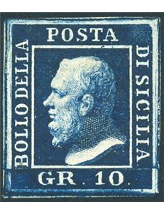 Sicilia - 1859 - Ferdinando II 10 gr. indaco, n° 12b. Cert.: Biondi. Cat. € 2.000 (*)