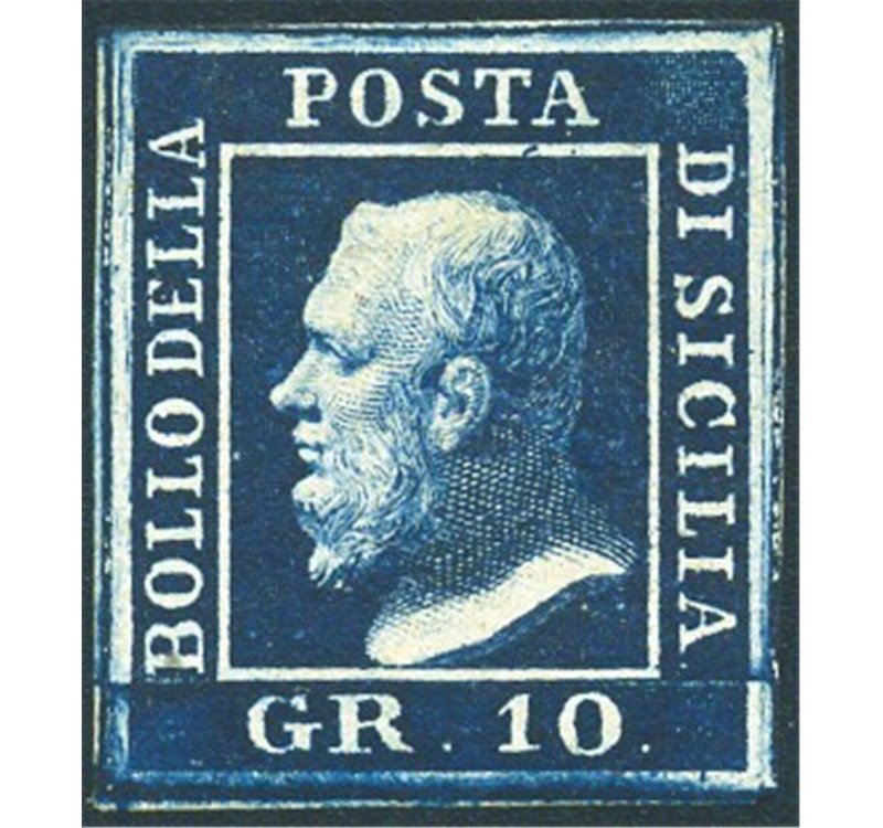 Sicilia - 1859 - Ferdinando II 10 gr. indaco, n° 12b. Cert.: Biondi. Cat. € 2.000 (*)