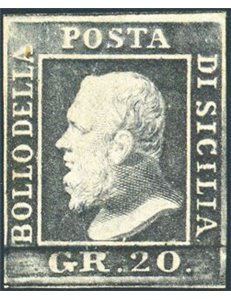 Sicilia - 1859 - Ferdinando II 20 gr. grigio ardesia, n° 13. Firm.: AD ed altri. Cert.: Biondi. Cat. € 2.000 (*)