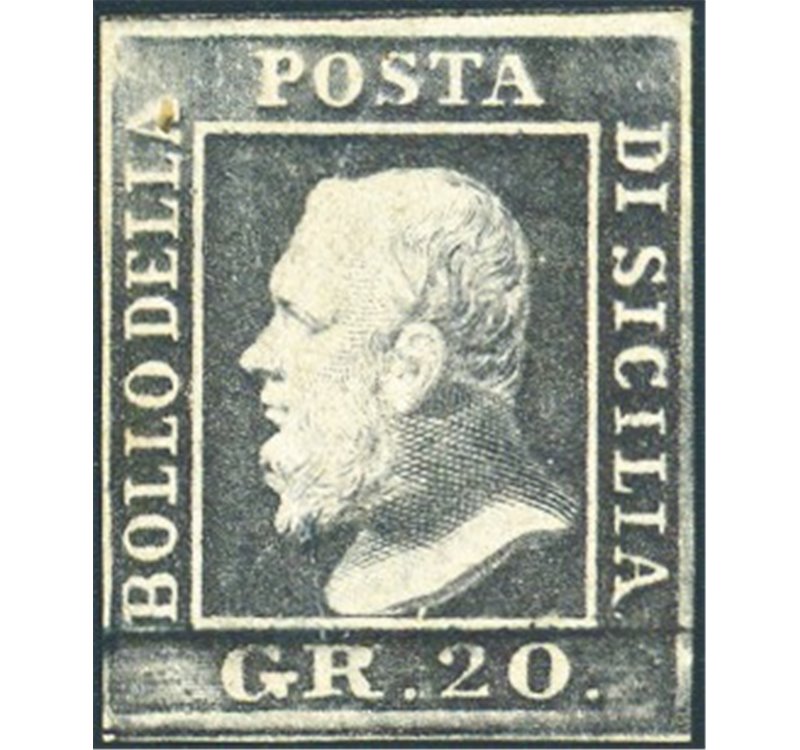 Sicilia - 1859 - Ferdinando II 20 gr. grigio ardesia, n° 13. Firm.: AD ed altri. Cert.: Biondi. Cat. € 2.000 (*)